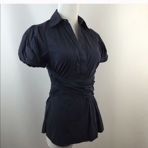 Purple BCBGMaxazria wrap shirt with puff sleeves